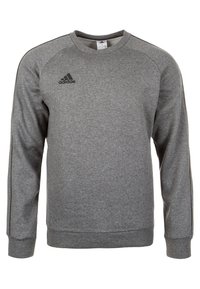 Sudadera gris de mezcla de algodón, con cuello redondo, mangas largas y un pequeño logo negro de Adidas en el lado izquierdo del pecho.