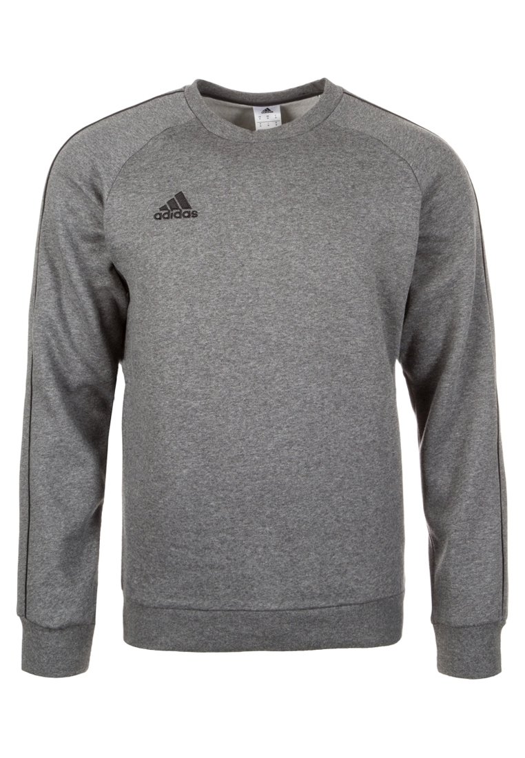 Sudadera gris de mezcla de algodón, con cuello redondo, mangas largas y un pequeño logo negro de Adidas en el lado izquierdo del pecho.
