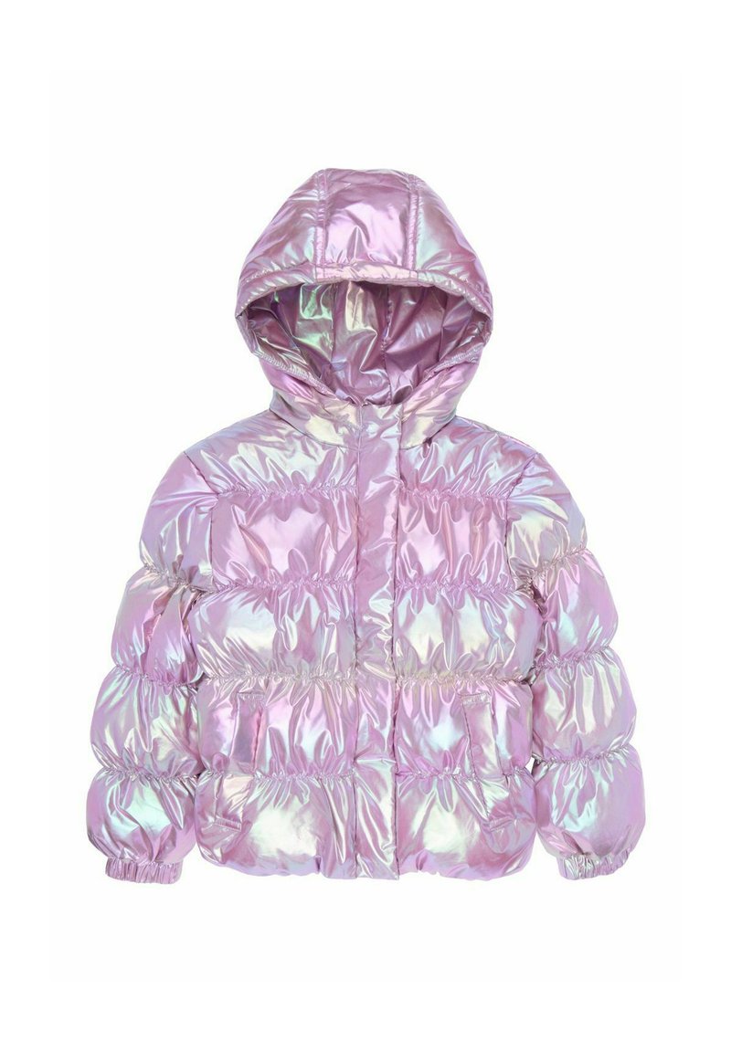 Iridescent lila pufferjacka med huva, med kviltad design, elastiska manschetter och två framfickor. Glänsande, slät textur.