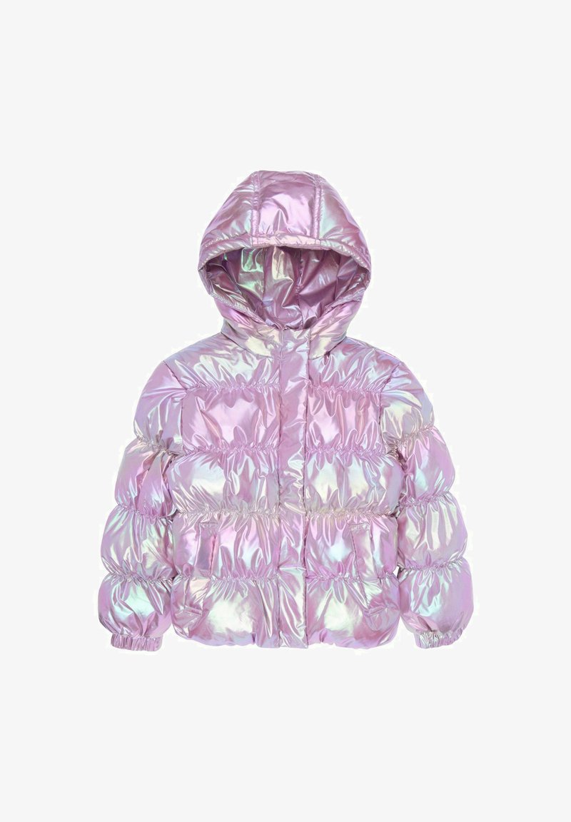 Iridescencinis purpurinis pūkinis švarkas su kapišonu, su siuvinėtu dizainu, elastingomis rankovėmis ir dviem priekinių kišenėlių. Blizgus, lygus paviršius.