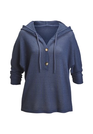 Blauer Waffelstrick-Kapuzenpullover mit langen Ärmeln, zwei Holzknöpfen vorne und Kordelzug am Halsausschnitt.