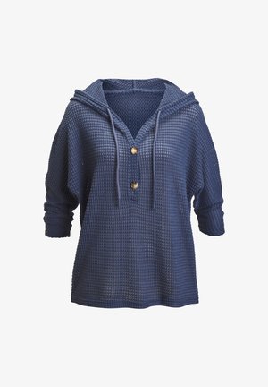Blauer Waffelstrick-Kapuzenpullover mit langen Ärmeln, zwei Holzknöpfen vorne und Kordelzug am Halsausschnitt.