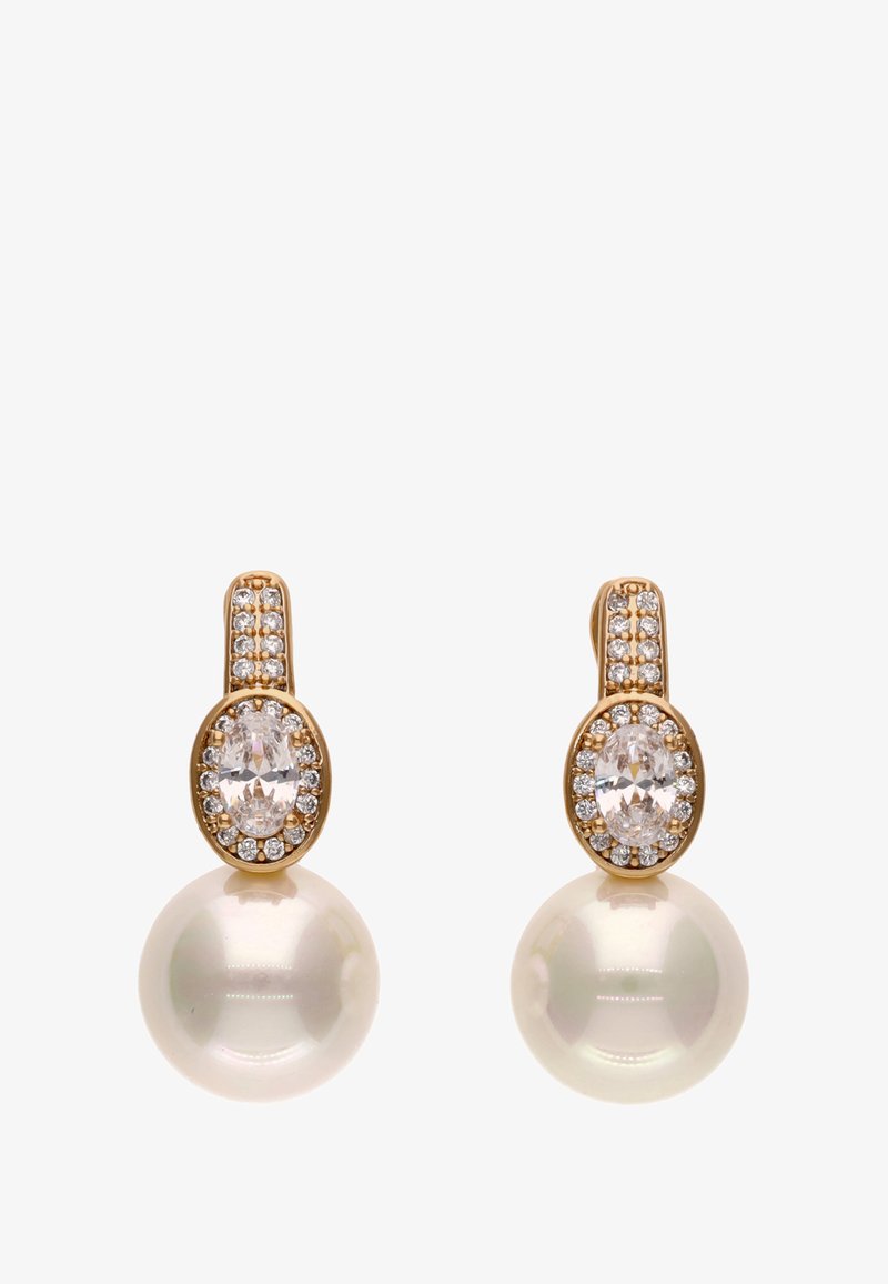 Arany fülbevalók nagy kerek gyöngyökkel, mindegyik ovális, világos drágakővel a tetején, körülötte kisebb világos kövekkel.