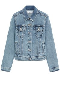 Vaaleansininen farkkutakki, jossa on perinteinen kaulus, napillinen etuosa, kaksi rintataskua läpillä ja sivusauman taskut.