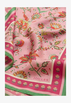 Lyserødt stof med et blomstermønster i orange, grønt og gult, afgrænset af grønne og lyserøde striber med små blomsterornamenter.