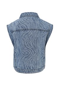 Denim gilet, lichtblauw met een zebra-strik patroon, korte mouwen, klassieke kraag en een iets cropped zoom. Gelaagde stofafwerking.