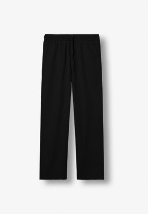 Čierne nohavice s rovnými nohavicami, elastickým pásom a stiahnutím na šnúrku, s bočnými vreckami, zobrazené na bielom pozadí.