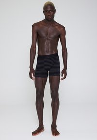 Sorte stribede boxer shorts lavet af blødt stof, med en tætsiddende pasform og elastisk talje, præsenteret på en stående mandlig model.