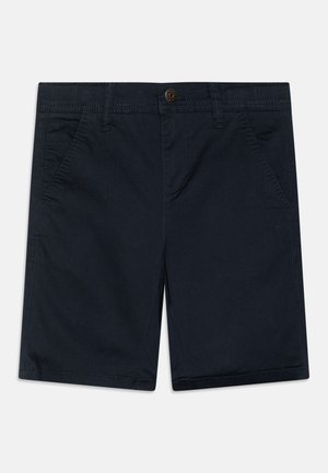 Pantaloni corti blu navy con taglio dritto, realizzati in un tessuto misto cotone. Presentano tasche laterali e chiusura con bottone. Tessuto liscio con cuciture a contrasto.