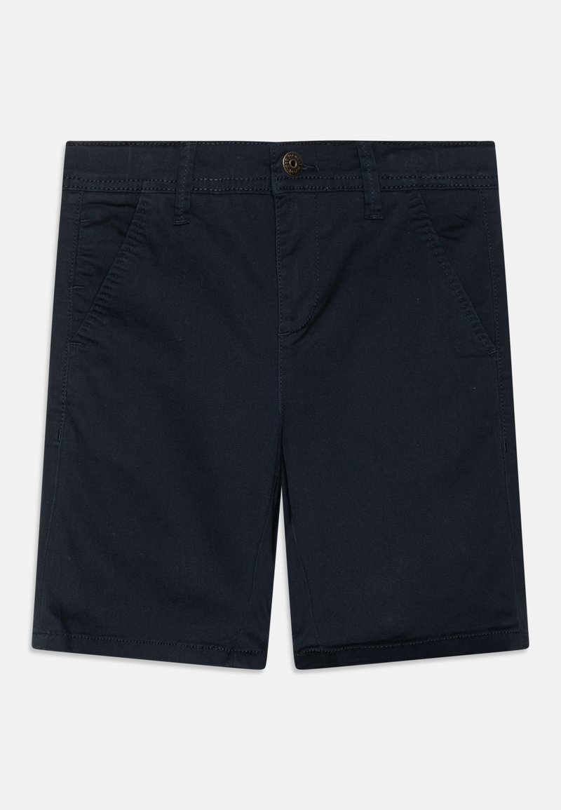 Pantaloni corti blu navy con taglio dritto, realizzati in un tessuto misto cotone. Presentano tasche laterali e chiusura con bottone. Tessuto liscio con cuciture a contrasto.