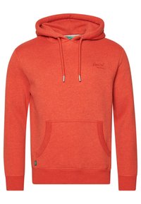 Sudadera roja hecha de una suave mezcla de algodón, con un bolsillo delantero, capucha ajustable con cordón y puños acanalados. Logo bordado en el pecho.