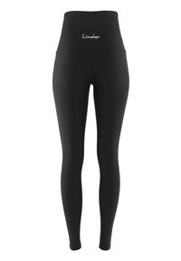 Oopaka svarta leggings med hög midja, tillverkade av stretchigt material. Har en synlig vit logotyp på midjebandet. Slät textur.