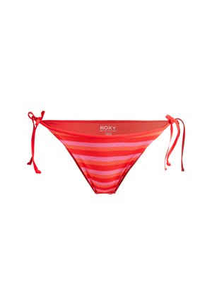 Roter Bikini-Höschen mit gestreiftem Mesh-Design und Bindebändern an jeder Seite. Mit einem Markenlogo am vorderen Bund.