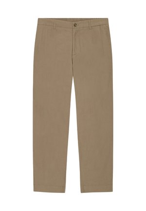 Beige straight-leg chinos with front button and zip closure, belt loops, and side pockets, displayed on a white background.
