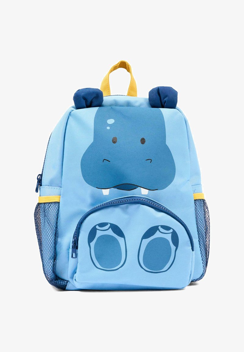 Zaino per bambini azzurro chiaro con una faccia di ippopotamo e orecchie sulla parte superiore, tasche laterali in rete e un anello maniglia giallo.