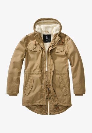 Parka isolée beige avec une capuche doublée en fausse fourrure, fermetures éclair et à pression, deux poches poitrine et cordons de serrage à l'ourlet pour ajustement.