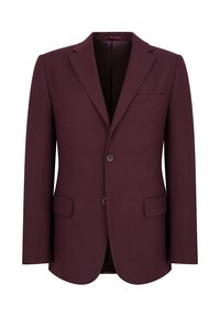 Burgundowa marynarka z klapami, z pojedynczym zapięciem na guzik i poszetką. Teksturowana tkanina i dwie boczne kieszenie.