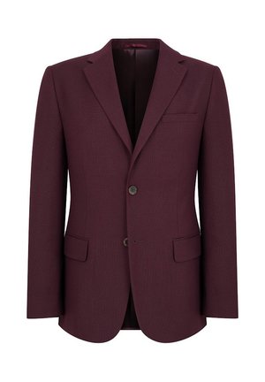 Burgundowa marynarka z klapami, z pojedynczym zapięciem na guzik i poszetką. Teksturowana tkanina i dwie boczne kieszenie.