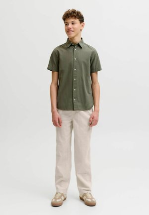 Teismeline rohelise lühikeste varrukatega särk, beežid püksid ja beežid tossud seljas, seisab ühevärvilise hele tausta ees, vaatab paremale ja naeratab.