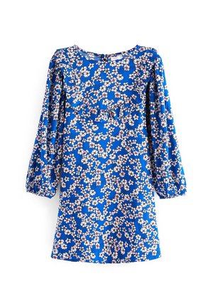 Blå blomsterkjole med rund halsudskæring og puffede ærmer. Har en flæset talje og et mønster med små pink og hvide blomster.