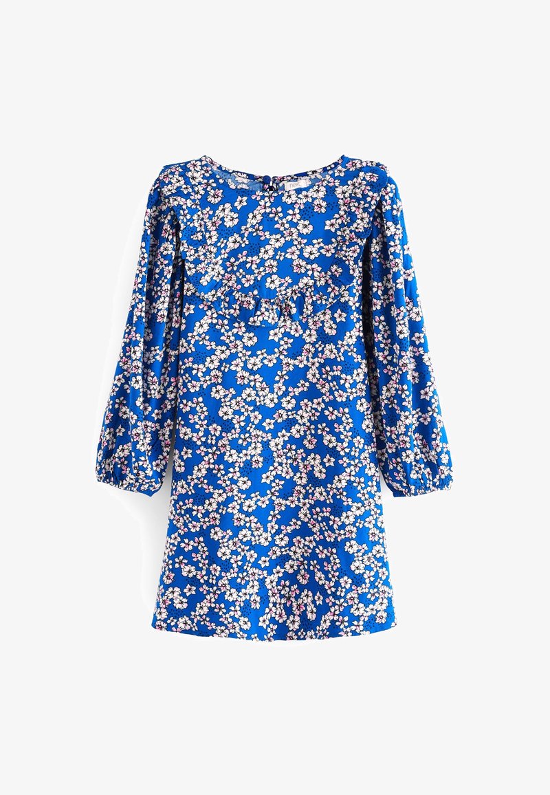 Robe fleurie bleue avec un col rond et des manches bouffantes. Elle présente une taille à volants et un motif de petites fleurs roses et blanches.