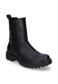 Černé kožené kotníkové boty s elastickými bočními panely, zaoblenou špičkou a odolnou podrážkou. Obsahují poutko pro snadné nazouvání. Viditelné detaily šití.