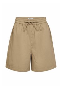 Pantaloni scurți bej cu talie elastică și șnur. Design simplu cu buzunare laterale, confecționați dintr-un material ușor, potriviți pentru o ținută casual.