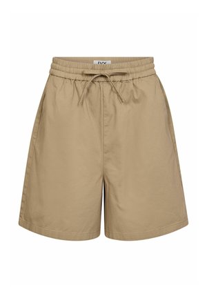 Beige shorts with an elastic waistband and drawstring. Simple design with side pockets, made from lightweight fabric, suitable for casual wear.