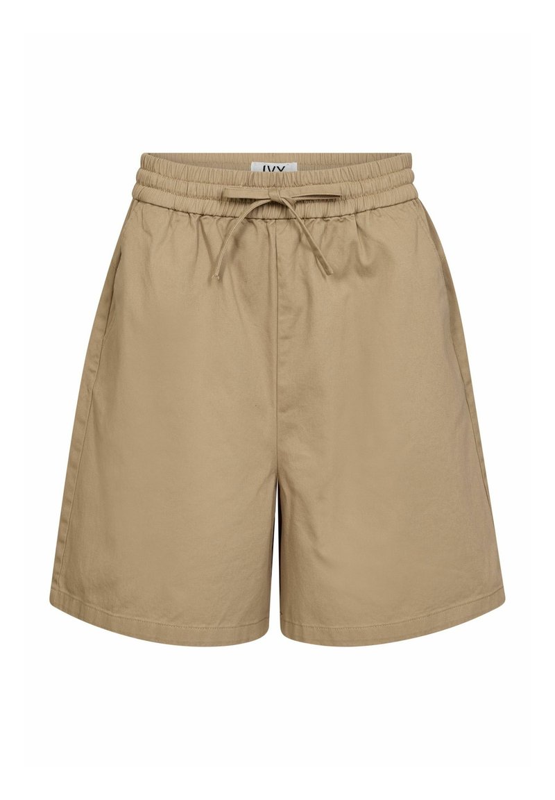 Pantaloni scurți bej cu talie elastică și șnur. Design simplu cu buzunare laterale, confecționați dintr-un material ușor, potriviți pentru o ținută casual.