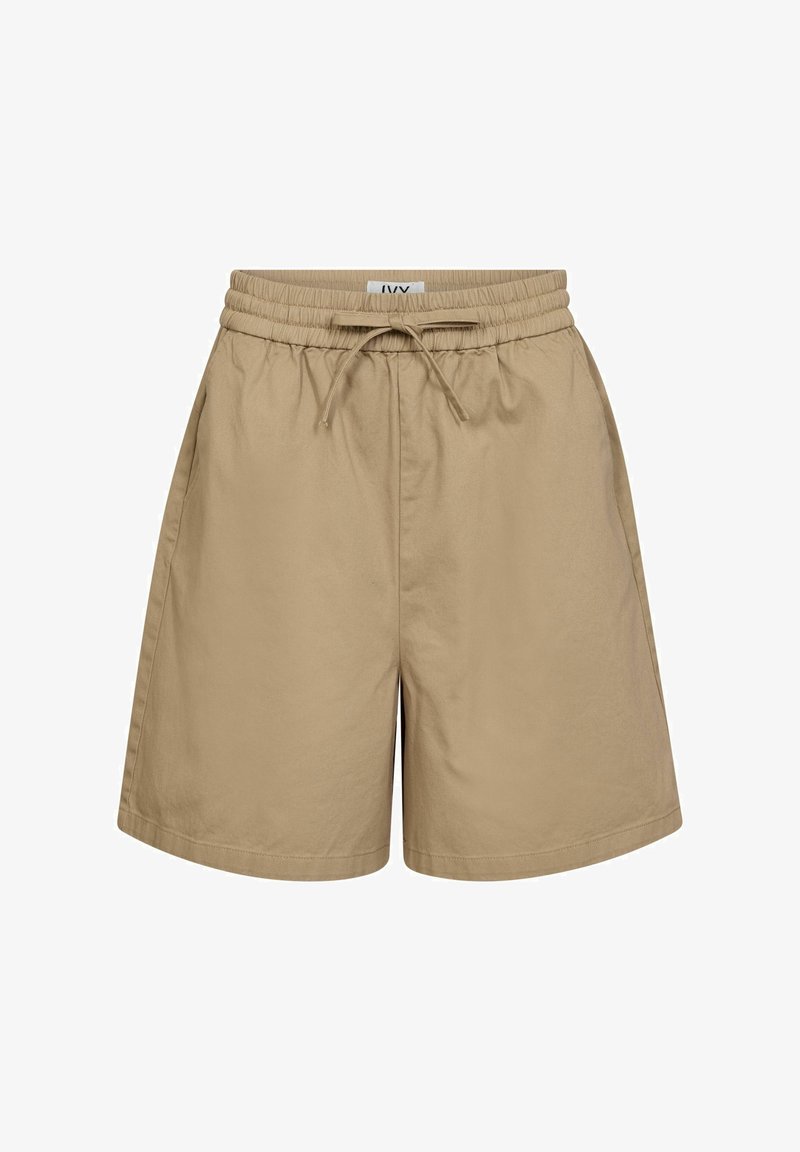 Pantaloni beige con vita elastica e cordoncino. Design semplice con tasche laterali, realizzati in tessuto leggero, adatti per un abbigliamento casual.