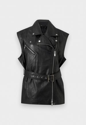 Black sleeveless leather biker vest with asymmetrical front zipper, belted waist, zippered chest pocket, and snap-button lapels.