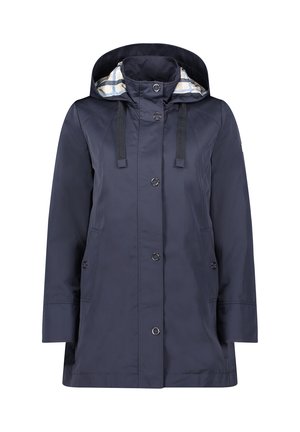 Veste imperméable marine avec capuche, doublure à carreaux, fermeture éclair frontale et deux poches latérales. Tissu texturé avec un éclat subtil.