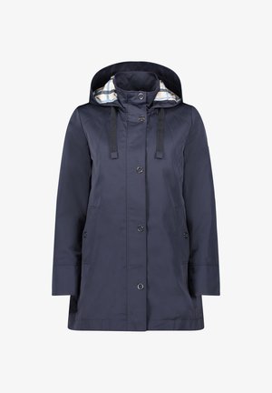 Granatowa, wodoodporna kurtka z kapturem, z podszewką w kratę, zamkiem z przodu i dwoma bocznymi kieszeniami. Tkanina o strukturze z delikatnym połyskiem.