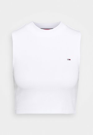 Sleeveless white crop top with a round neckline and a small red, white, and blue logo on the left chest.