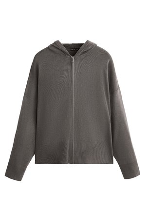 Felpa grigia con cappuccio e zip, dalla vestibilità rilassata, con polsini a coste e tessuto testurizzato. Presenta una zip a tutta lunghezza e dettagli delle cuciture minimali.