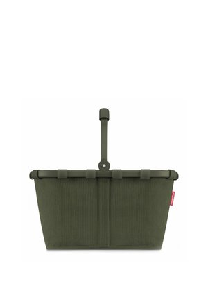 Opvouwbare winkelmand in olijfgroen met een centraal handvat en een stoffen textuur, voorzien van een klein rood logo-label aan de zijkant.