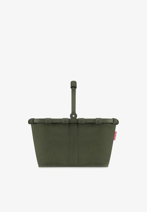 Foldable olive green shopping basket with a central handle and fabric texture, featuring a small red logo tag on the side.