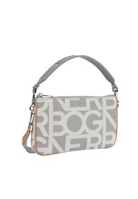 Borsa in tessuto grigio con motivo logo bianco, dettagli in pelle beige e una tracolla grigia regolabile. Presenta una chiusura con cerniera superiore. Design compatto.