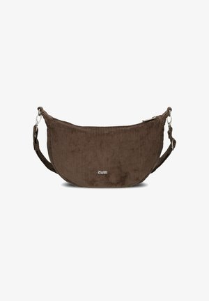 Brown corduroy crescent-shaped shoulder bag with adjustable strap and silver clasps, small brand logo centered on front.