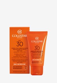 Crème solaire bronzante pour le visage Collistar SPF 30 dans un tube orange, avec des inscriptions blanches concernant les propriétés anti-âge et la résistance à l'eau. 50 ml.