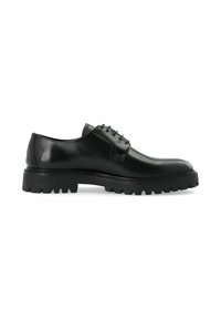 Scarpe di pelle nera con punta arrotondata, design con lacci e suola in gomma spessa e strutturata per una buona trazione. Finitura liscia con cuciture sottili.