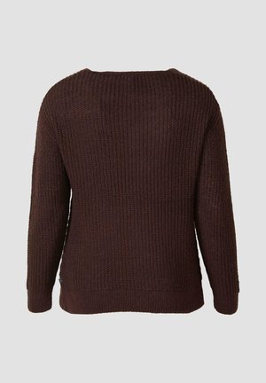 Brązowy dziergany sweter o fakturowanej powierzchni, z szerokim dekoltem i długimi rękawami. Charakteryzuje się luźnym krojem i żebrowanym wykończeniem na dole.