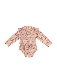 Blumiger Langarm-Bodysuit in Creme, mit roten und orangefarbenen Blumen, rüschigen Schultern und einem Peplum-Taille-Detail. Weicher Stoff.