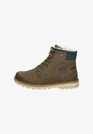 Braune Leder-Ankle-Boots mit strukturierter Oberfläche, cremefarbener Innenausstattung und dunkelblauen Akzenten. Verfügt über Ösen, ein rundes Logo und eine robuste Sohle.