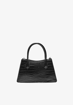 Borsa nera con motivo effetto coccodrillo, silhouette strutturata, doppio manico arrotondato e chiusura superiore con cerniera. Texture liscia e lucida.