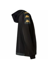 Giacca nera con cappuccio dal design elegante, dotata di pannelli sulle spalle texturizzati con accenti dorati. Tessuto liscio e finitura a taglio dritto.