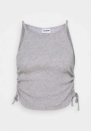 Gray tank top made of ribbed material, featuring adjustable side ties and thin straps. Smooth texture with subtle pattern throughout.