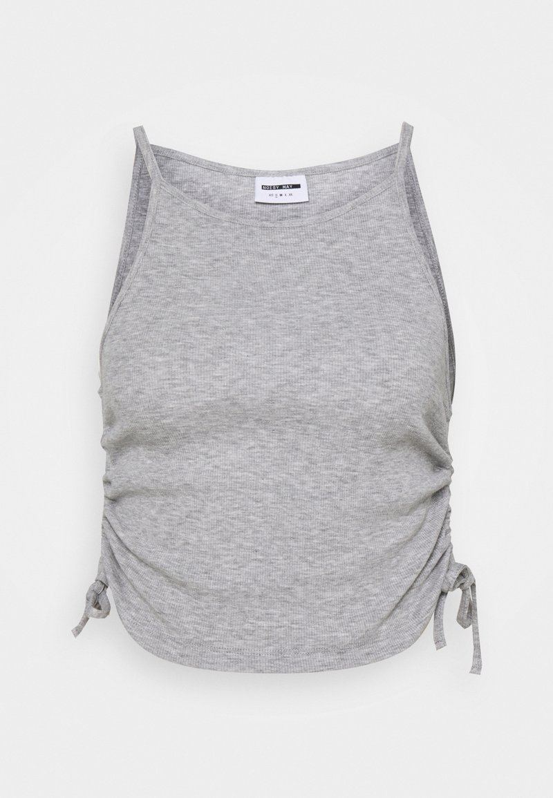 Top grigio senza maniche realizzato in materiale a costine, con lacci laterali regolabili e spalline sottili. Texture liscia con un motivo sottile su tutta la superficie.