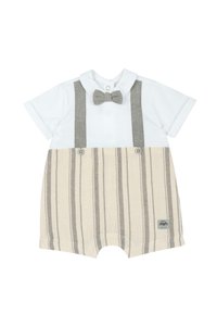 Combinaison à manches courtes blanche avec salopette rayée grise, comprenant des bretelles grises et un nœud papillon assorti. Détails de boutons sur le short.