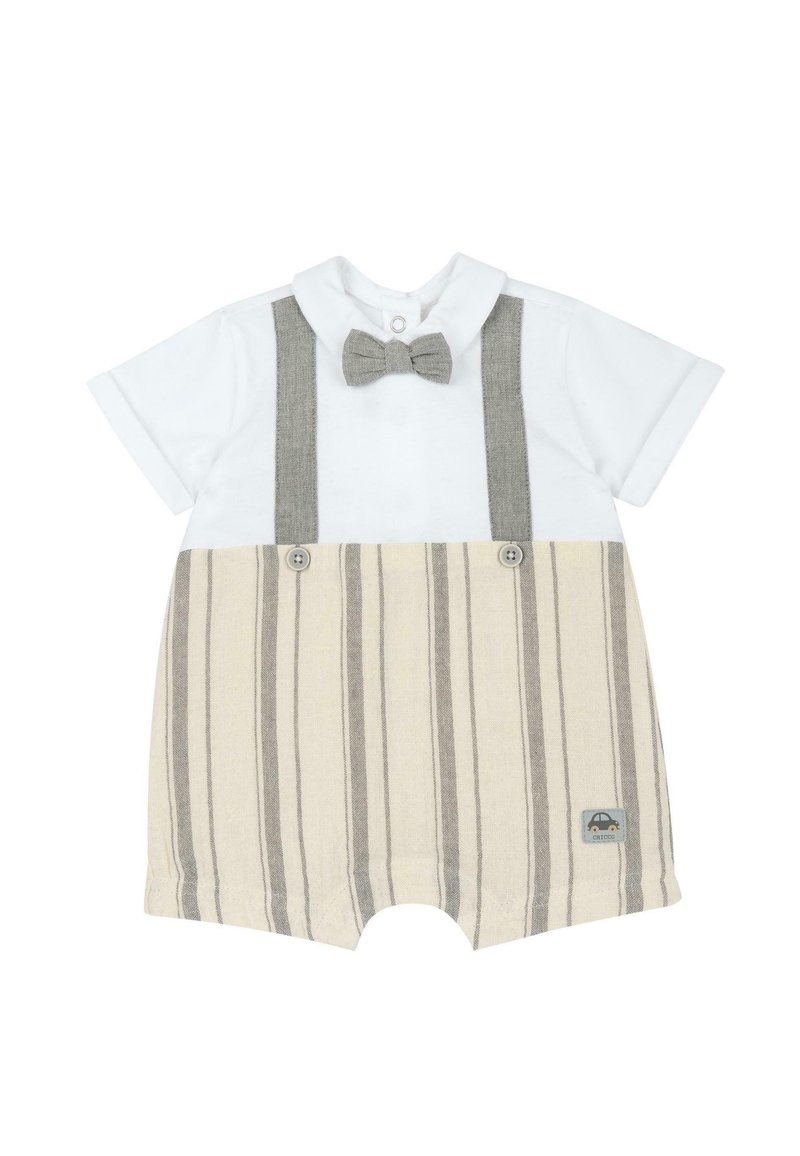 Combinaison à manches courtes blanche avec salopette rayée grise, comprenant des bretelles grises et un nœud papillon assorti. Détails de boutons sur le short.